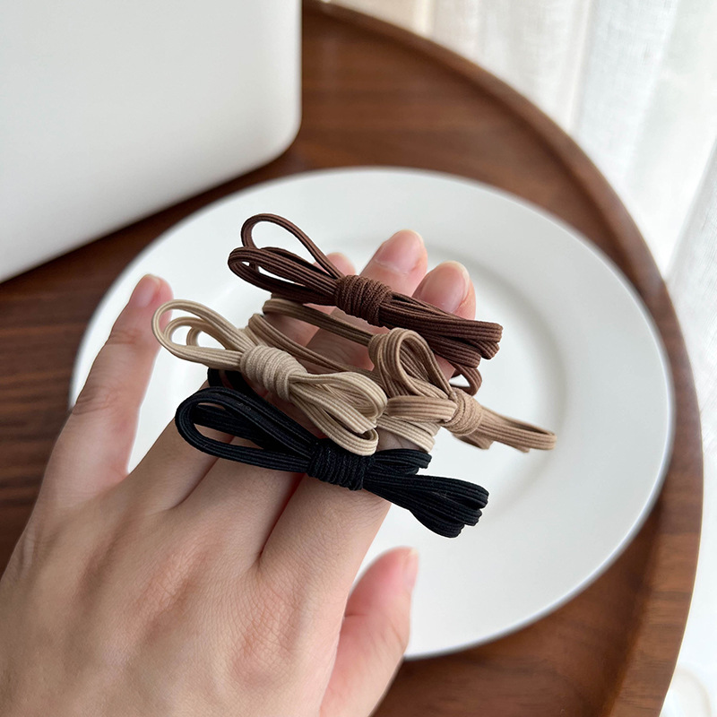4 pieces of Korean milk coffee color bow hair tie and hair band, high-elasticity rubber band for women's simple hair tying details Picture