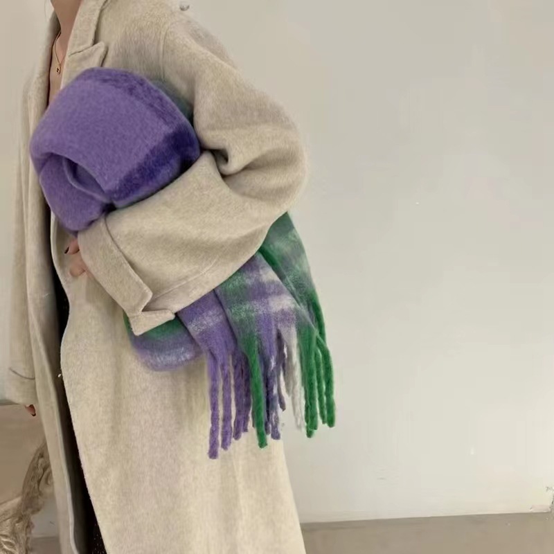 Korean Version Of Autumn Winter Rainbow Check Imitation Cashmere Thick Beard Scarf Female Student Couple Mohair Warm Bib Shawl details Picture