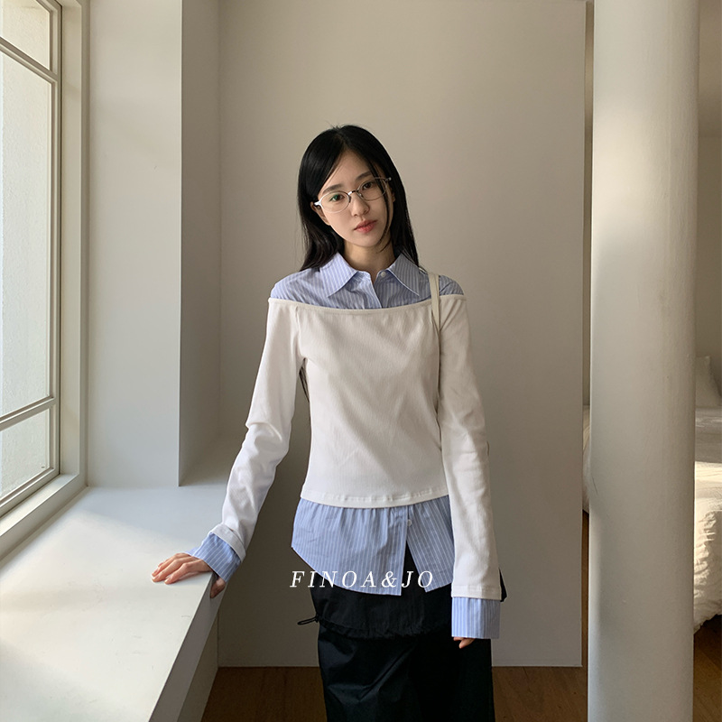 费挪 OLIVE十三行2025春款韩式小众拼接设计条纹翻领上衣2467