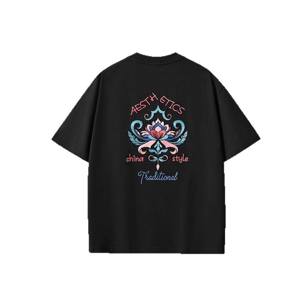2025 New short-sleeved T-shirt for men, 260 grams, heavy pure cotton, Chinese-style floral embroidery, loose and large-sized men's fashion brand Item Picture
