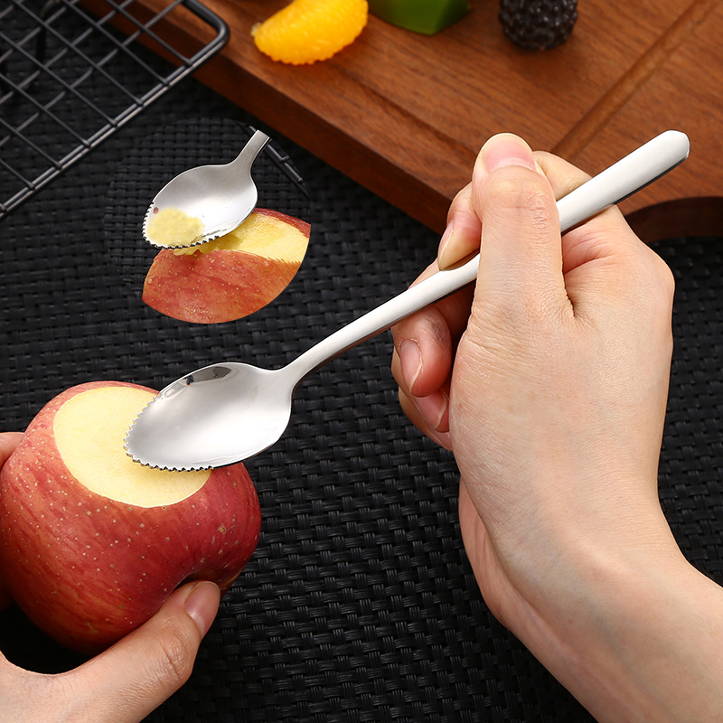 304 stainless steel baby food puree scraper, apple spoon with teeth, infant and toddler fruit puree scraper, logo made
