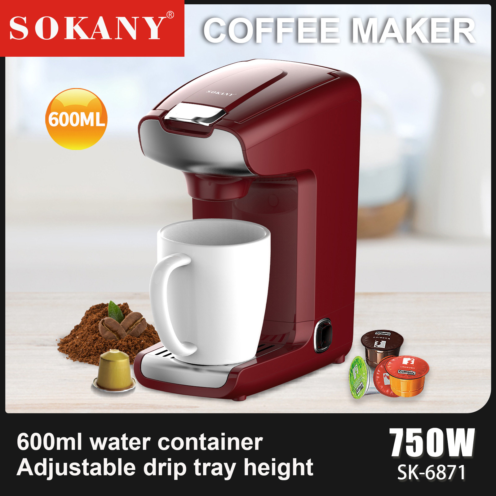 Cross-border SOKANY 6871 home coffee machine, small European standard office coffee machine with cup, 600ml coffee pot