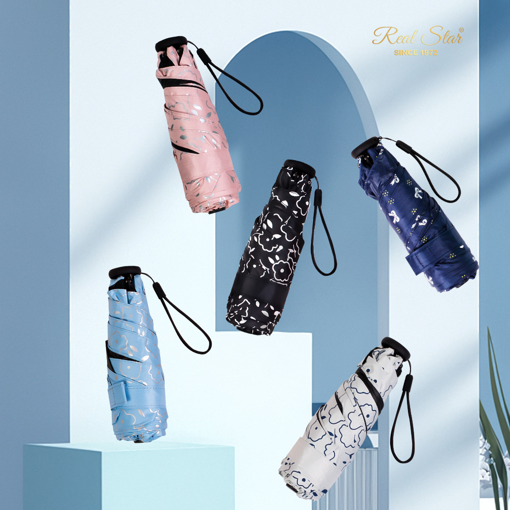 New 5-fold lightweight sun umbrella, 5-bone manual folding mini umbrella, plain printed sunshade pocket umbrella details Picture