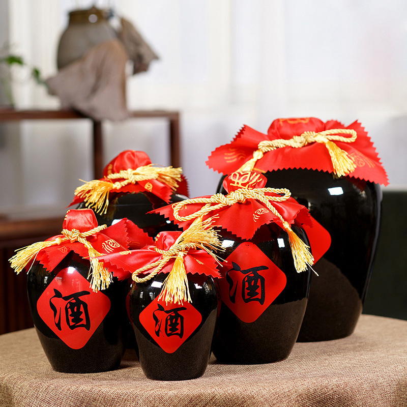 宜兴陶瓷酒坛酒瓶 1/2/3/5/10斤装烤花酒字黑釉光瓶陶瓷盖酒罐