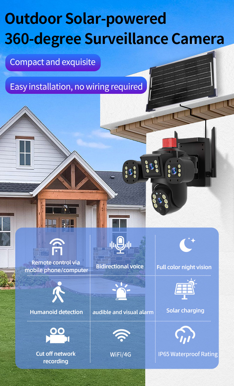 Solar-powered surveillance camera with three screens, remote via mobile phone, full-color outdoor 360-degree high-definition camera without blind spots day and night pic 15