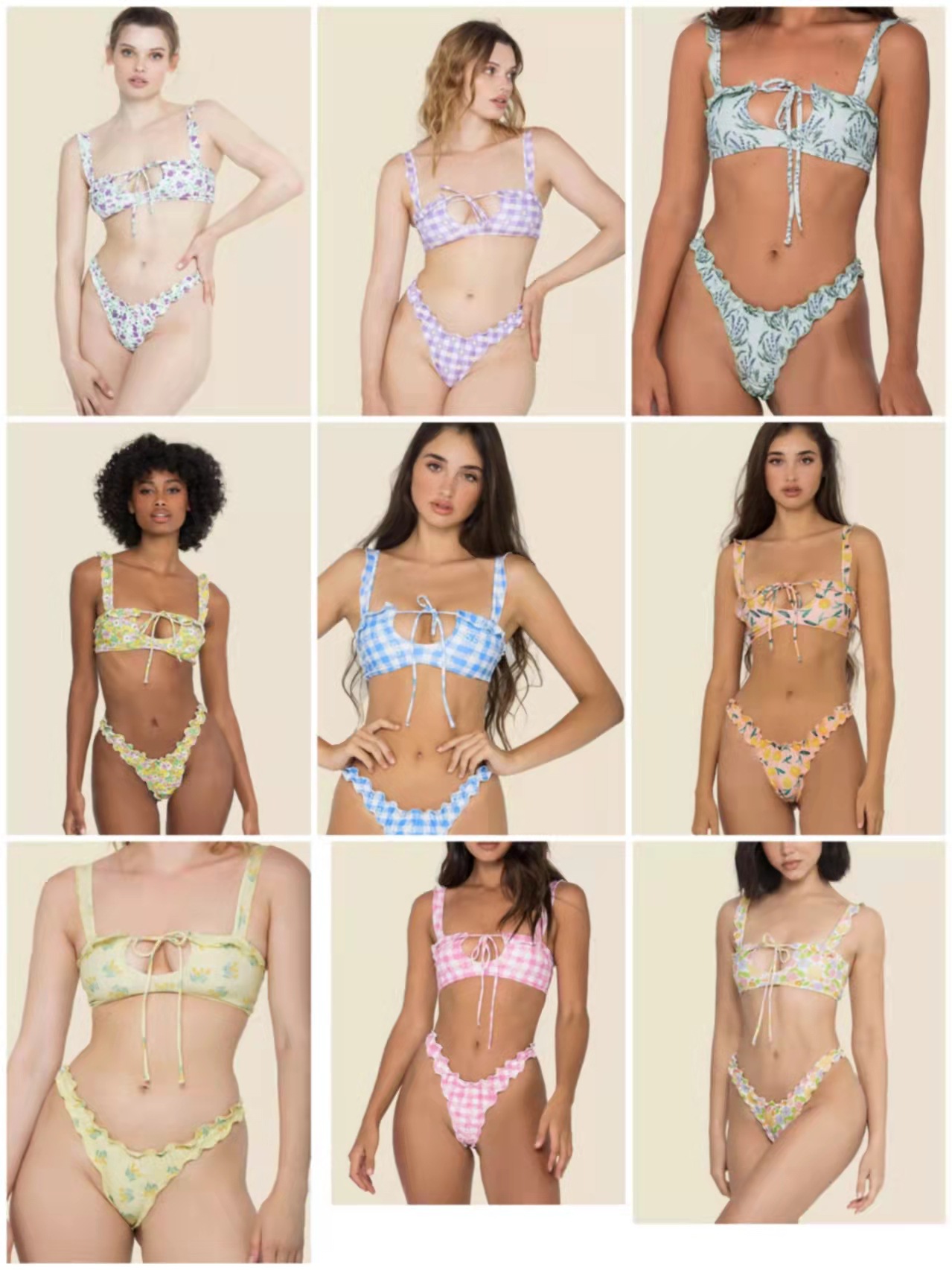 22年新款花色花边背心系胸绳款性感沙滩比基尼分体泳衣女款bikini