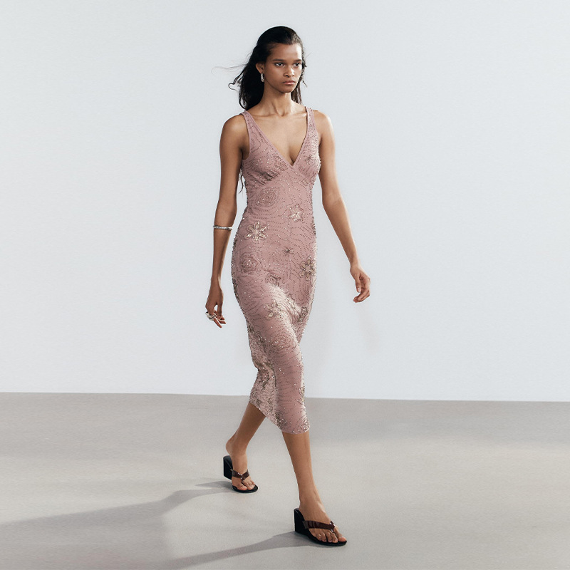 A new elegant V-neck sleeveless diamond dress for cross-border summer women's wear in Europe and America in 2025