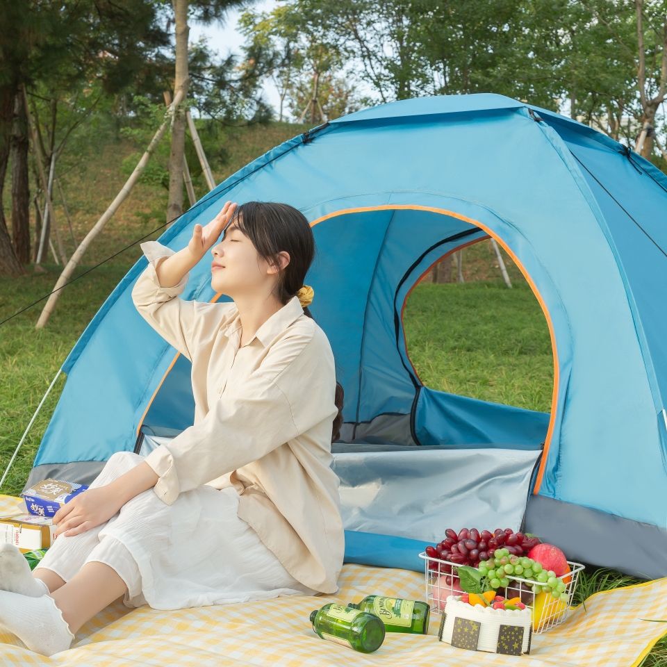 Tent outdoor camping, fully automatic thickened 3-4 person single beach tent camping, windproof, sun-proof and mosquito-proof