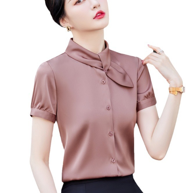 The 2022 summer new style of elegant professional shirts for women, fashionable and stylish short-sleeved commuting satin shirt work clothes Item Picture