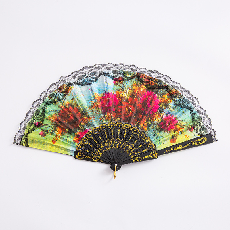 西班牙黑花边蕾丝扇烫金工艺折扇夏季中国风舞蹈拍照批发自产自销