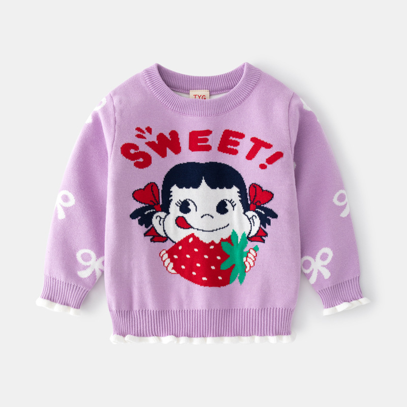 Korean children's clothing one-piece consignment for girls, cartoon girls, jacquard sweaters, strawberry new autumn and winter styles, baby girls sweaters trend details Picture