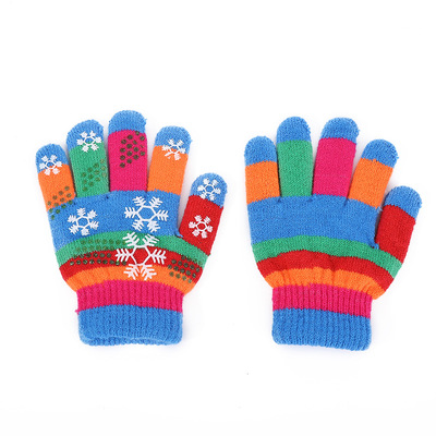 In-stock domestic sales winter student warm six-color striped gloves, double-layer thickened snowflake printed children's gloves