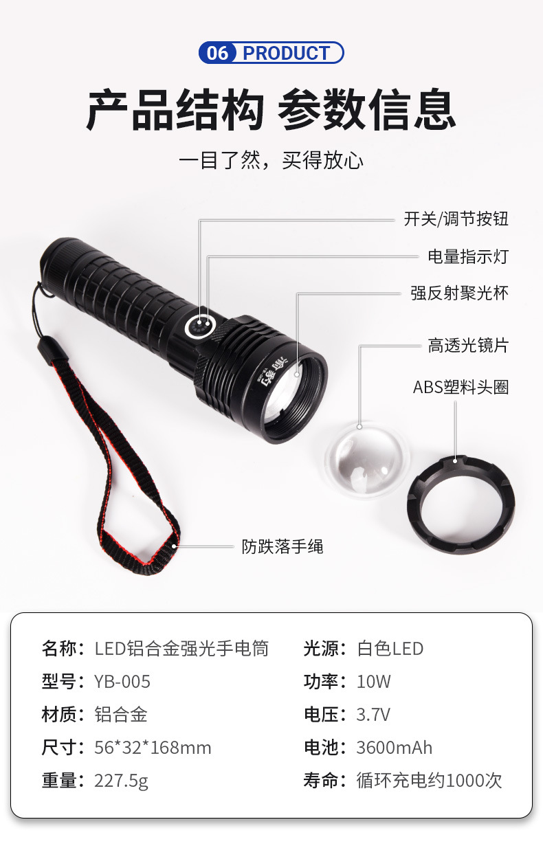 强光手电筒家用户外爆亮长续航充电款白激光大功率便携远射跨境详情9