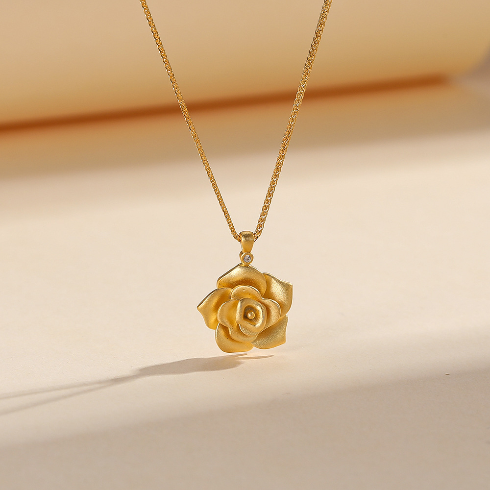 精致砂金玫瑰花吊坠项链女时尚百搭高级感气质款S925银项链
