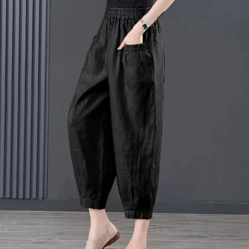 Ice Silk Cotton and linen nine-inch women's pants 2025 Summer new style elastic waist lantern pants Retro loose eight-inch Halon women's pants details Picture