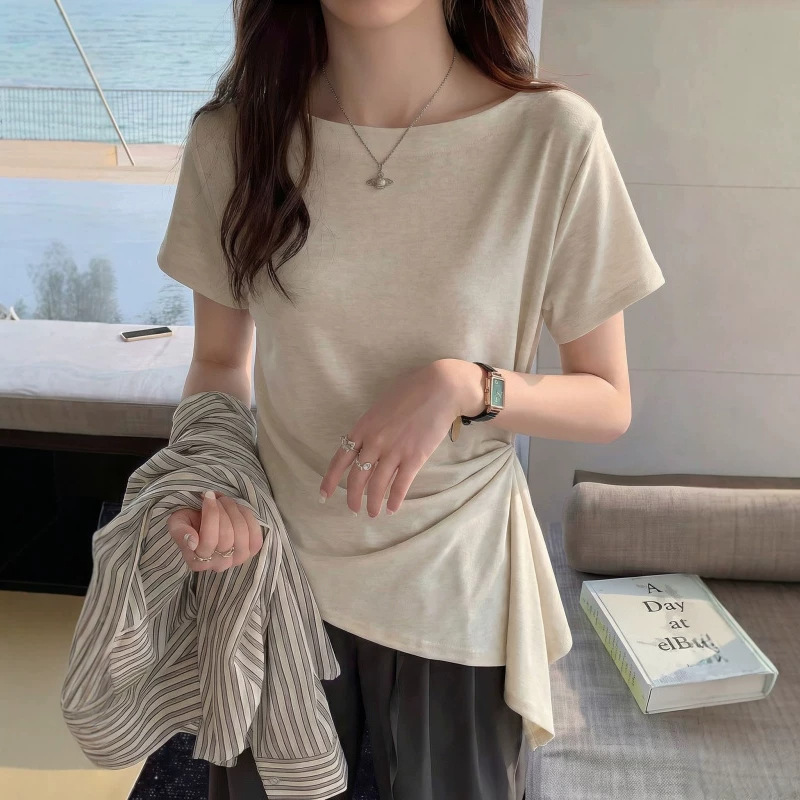 大码女装2026年夏季新款设计感收腰韩版显瘦百搭短袖t恤上衣12055