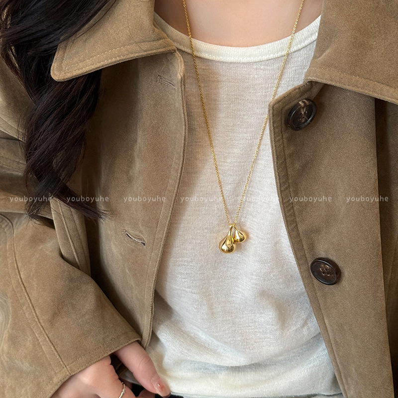 The same teardrop double pendant necklace for women's spring long sweater chain as the Korean blogger, 2025 new style, high-end accessory Specification image
