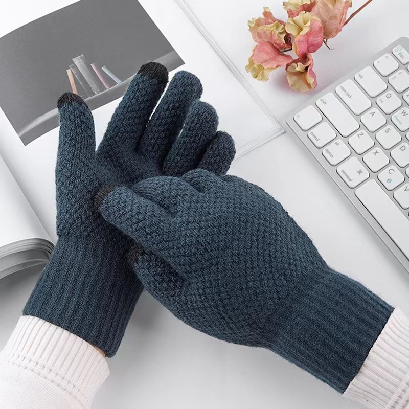 Autumn and winter men's warm gloves, thickened fleece knitted gloves, touch-screen gloves, solid color pineapple texture large version cold-proof and frost-resistant gloves, customizable LOGO student gloves, classic Korean version factory direct sales wholesale finger ballet gloves details Picture