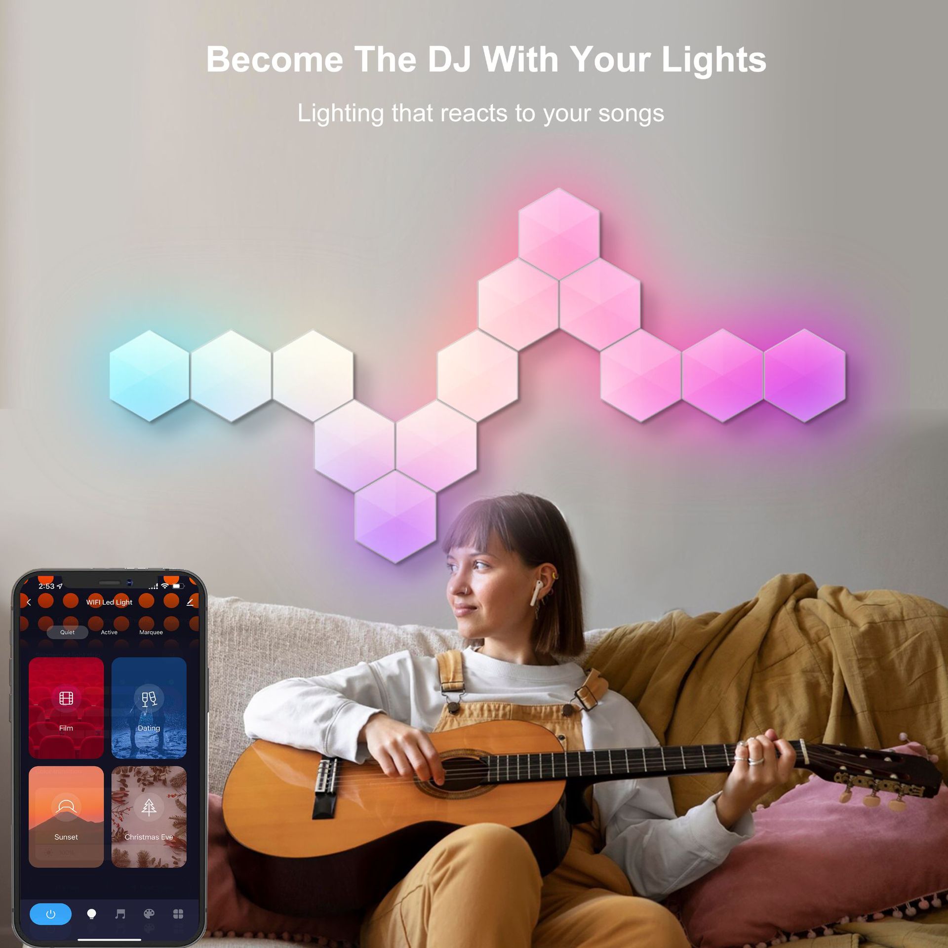 E-sports atmosphere light, smart odd light board background wall, quantum light, voice-controlled sensing, APP remote control, honeycomb bedroom wall lamp details Picture