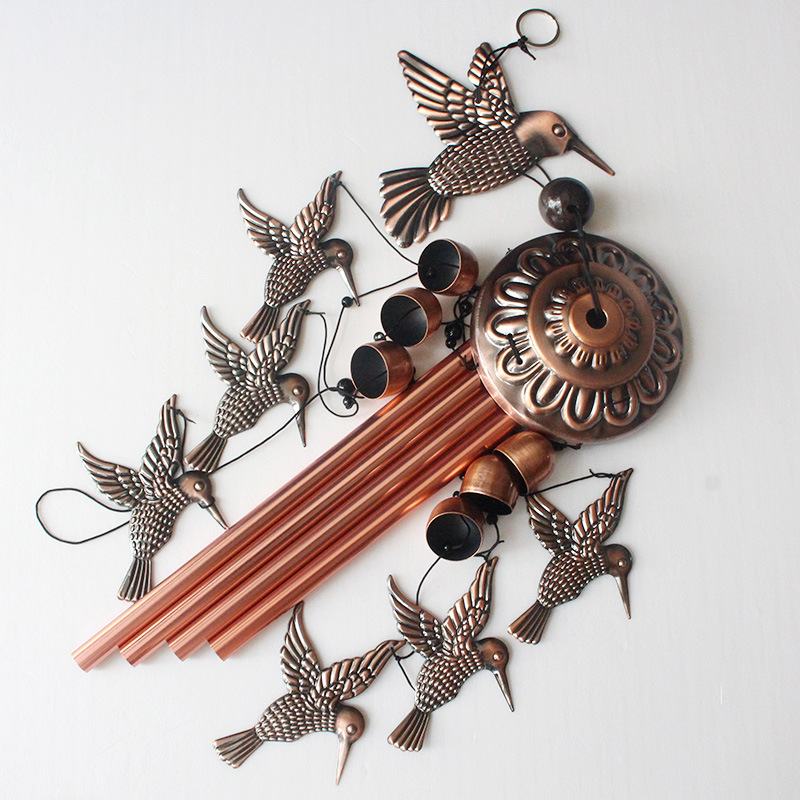 Red Bronzer Metal Bells Wind Chimes Hummingbird Hanging Ornaments Home Decor Gifts Flower Like Pendants Vintage Aluminum Tubes Cross Borders Specification drawing