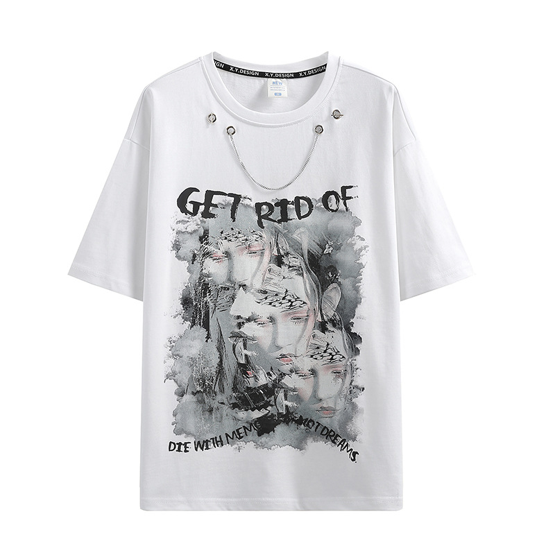 Summer pure cotton T-shirt for men, short-sleeved, trendy and personalized, with stylish, loose and casual prints. It's a Hong Kong-style round-neck T-shirt Item Picture