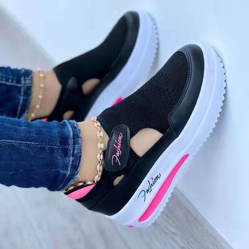 Foreign trade summer cross-border large size flying woven breathable casual single shoes wedge heel thick hollow Velcro round head women's single shoes Application Scenario