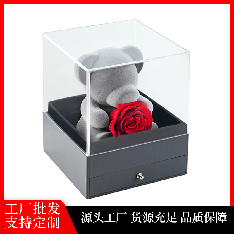 Eternal flower rose bear acrylic jewelry box, flocked white bear Valentine's Day and Christmas gift