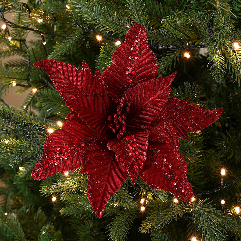 圣诞节新款圣诞花红色植绒布仿真闪粉圣诞树装饰品圣诞花外贸大货