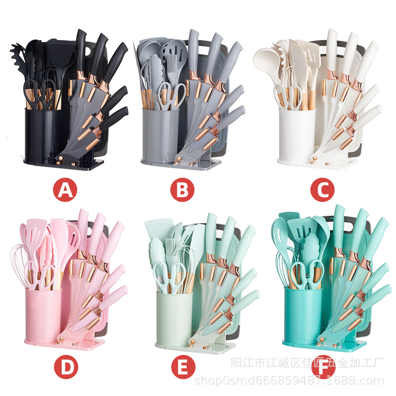 Acrylic Knife Holder Silicone Kitchenware 19-Piece Kitchen Silicone Kitchenware Knife With Storage Bucket Non-Stick Pan Set Item Picture