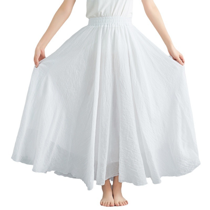 Mori Female Art Large Size Cotton Hemp Skirt Elastic Waist A Line Skirt Long Solid Color National Wind Swing Skirt 24 Colors Item Picture