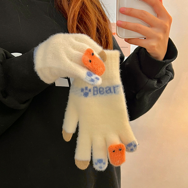 2024 New women's winter fleece thickened cycling cute touch screen split-finger cold-proof fleece windproof five-finger gloves details Picture