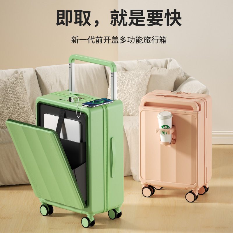 Wide handle suitcase, multi-functional front opening handle suitcase with cup holder, USB charging port, travel suitcase, carry-on suitcase full figure