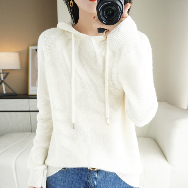 New autumn and winter knitted sweater, hooded women's hoodie, loose and casual hooded solid-colored long-sleeved sweater, versatile women's coat