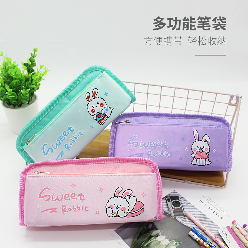 2023 Rabbit New Student Pen Bag Double Lattice Male And Female Students Stationery Bag Double Zipper Double Large Capacity Pencil Bag