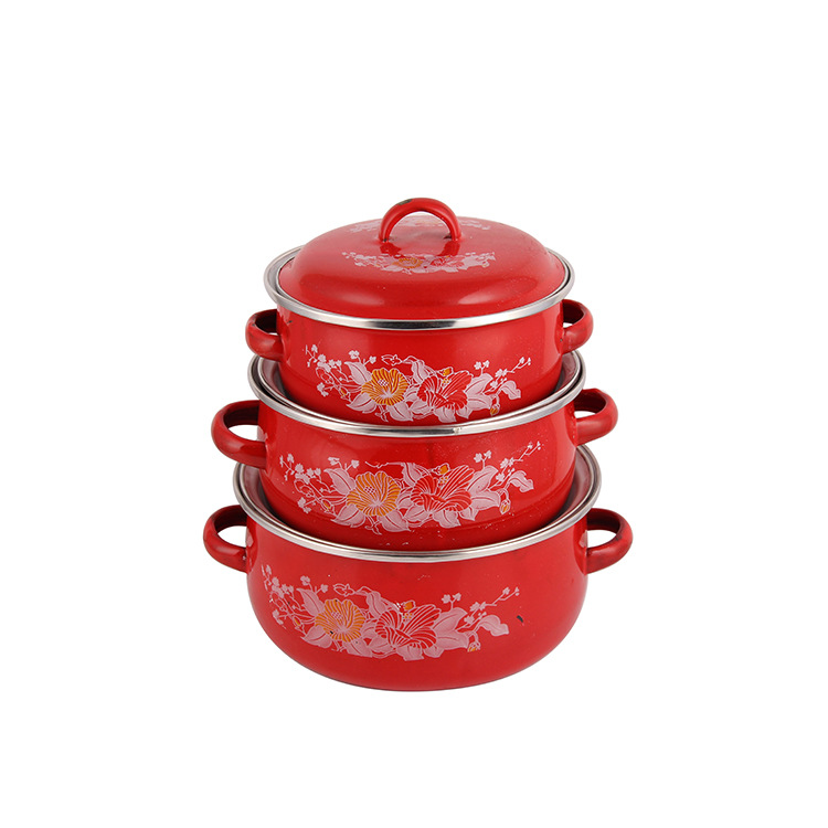 Factory direct sales of three-piece enamel cookware sets, colorful base soup pot sets, double-ear enamel pot LIDS details Picture