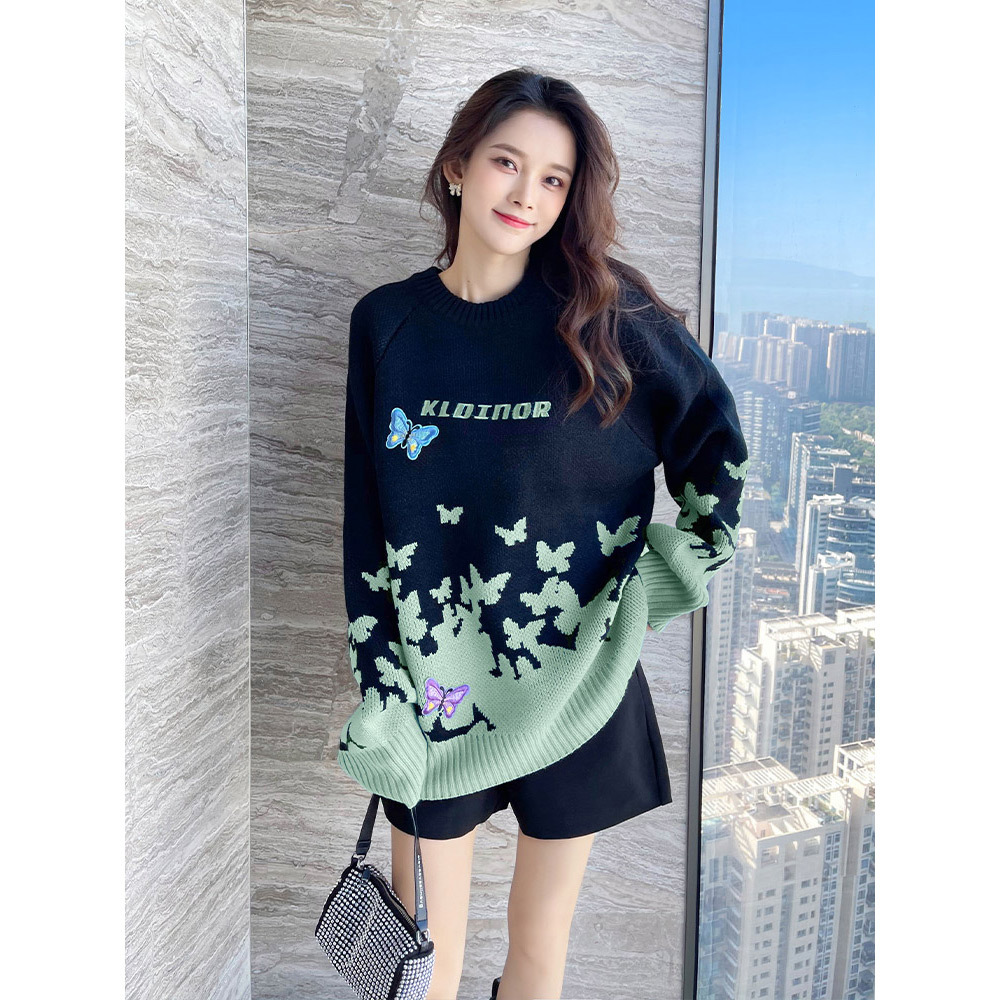 针织打底衫女毛衣春秋冬季2024年新款女装爆洋气时尚蝴蝶圆领上衣