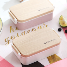 日式木风盖双层饭盒午餐便当盒保温分隔饭盒可微波加热密封带餐具