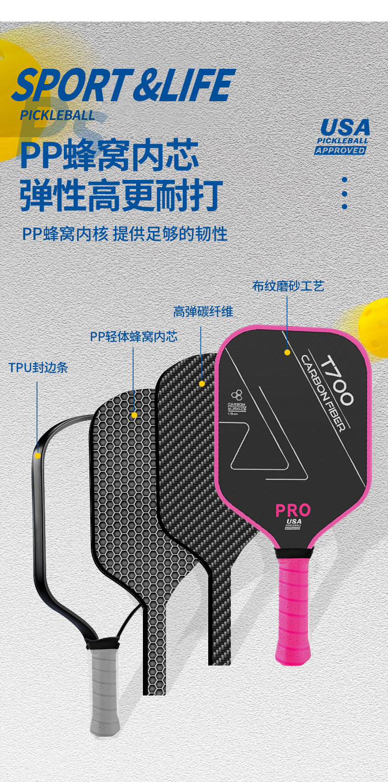 pickleballpaddle JOOLA同款工厂直销碳纤维布纹磨砂匹克球拍16mm详情7
