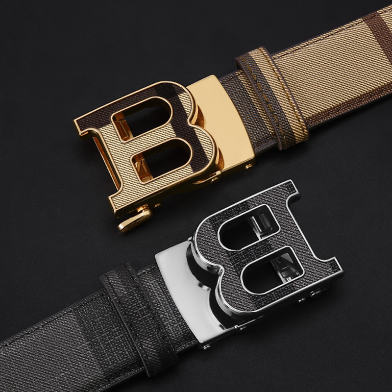 Men's belt letter B alloy automatic buckle checkered strip, trendy business fashion men's belt in stock wholesale details Picture