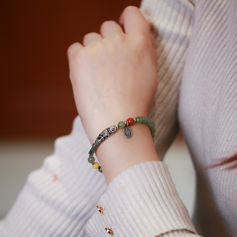 Niche design Hetian jade round bead single-ring bracelet 925 Silver Small Fish 6MM Hetian jade retro Chinese style for good fortune
