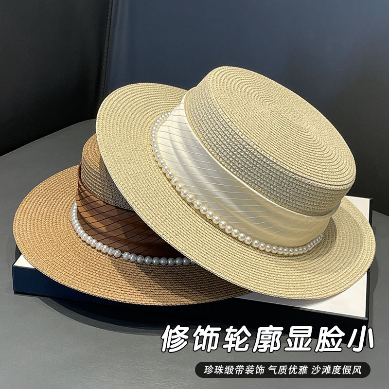 French Socialite Style Flat Top Hat 2023 New Summer Elegant Pearl Grass Braid Beach Sun Protection Hat Children details Picture