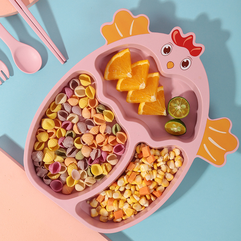 小简竹纤维抗菌宝宝餐具儿童小鸡餐盘幼儿园小熊餐盘4件套