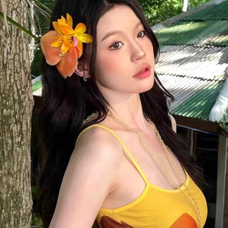 桔黄色蝴蝶兰头花发夹度假拍照氛围感头饰发卡超仙度假仿真花发饰
