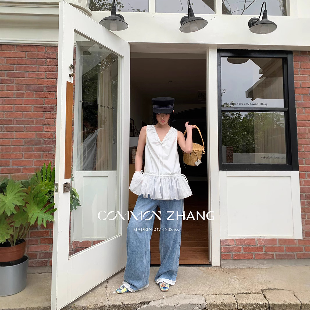 CZ ZHANG Summer French mint Manbo V-neck lace-up Youthful A-line puffed vest dress for women, B23782 details Picture