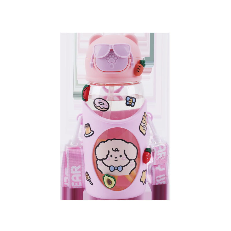 New Children's Anti-Drop Straw Cute Cartoon Plastic Water Cup Wholesale Girls Portable Cup [Sticker Random] Item Picture