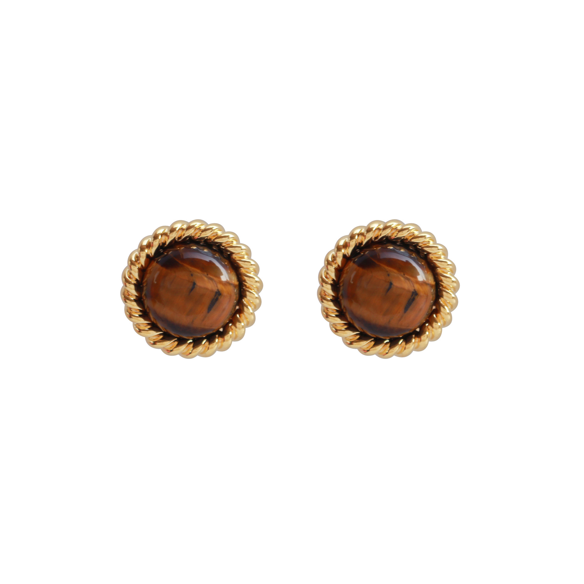 Maillard retro Hong Kong style autumn and winter niche high-end earrings with twisted edges and tiger's eye stone round earrings for women Item Picture