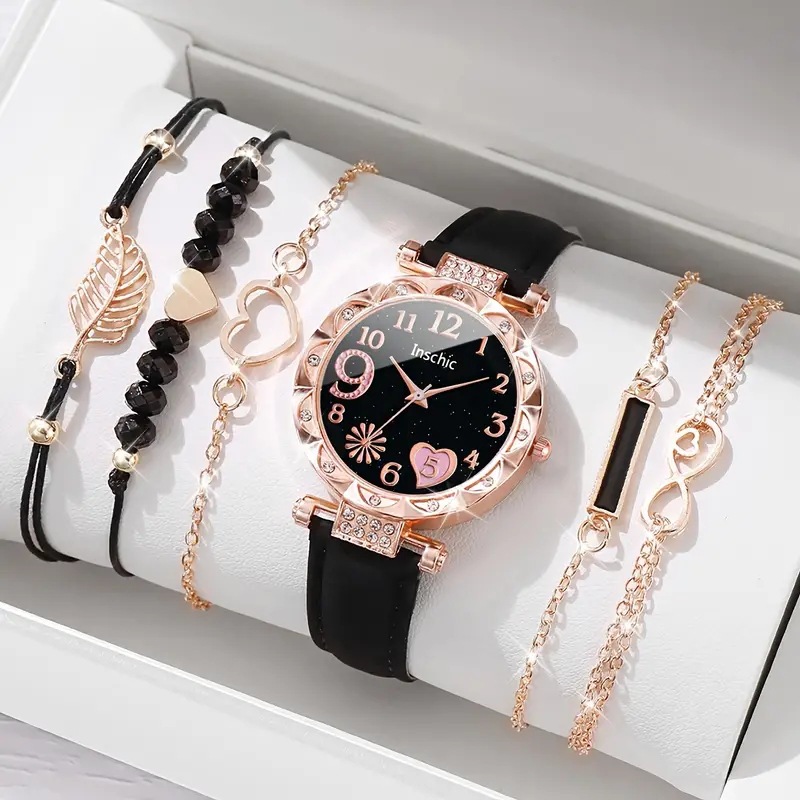 New Women's Diamond Dial Belt Quartz Watch Beaded Bracelet Set 6Pcs/Set Specification drawing
