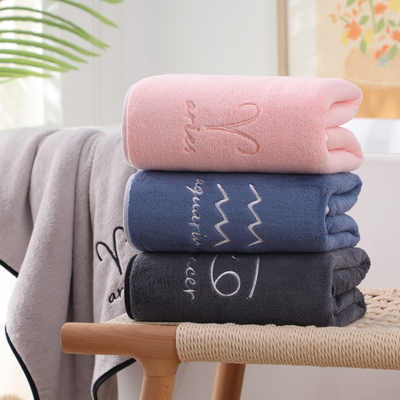【LOVELY HOME】【 Hold Jia 】 Twelve constellation bath towel coral velvet warp knitting factory direct sales 70*140cm couple embroidery than water absorption Specification drawing