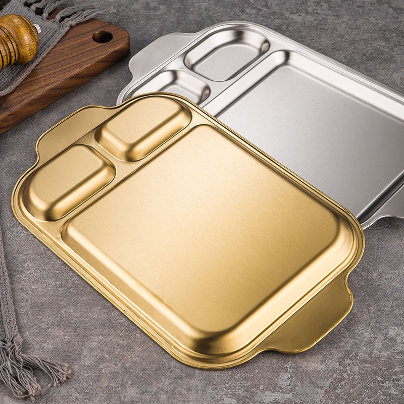 Korean-Style Stainless Steel Partitioned Barbecue Plate, Golden Double-Eared Square Plate, Flat Base, Restaurant Sushi Square Tray, Shallow Plate Application Scenario