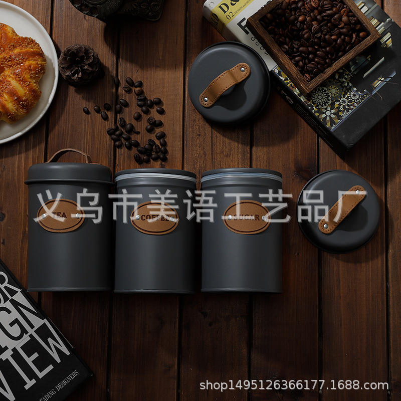 A Three-Piece Set Of New Nordic Dust-Proof Storage Cans With Leather Handles, Coffee Cans, Sugar Cans And Tea Cans In 2021 Specification drawing